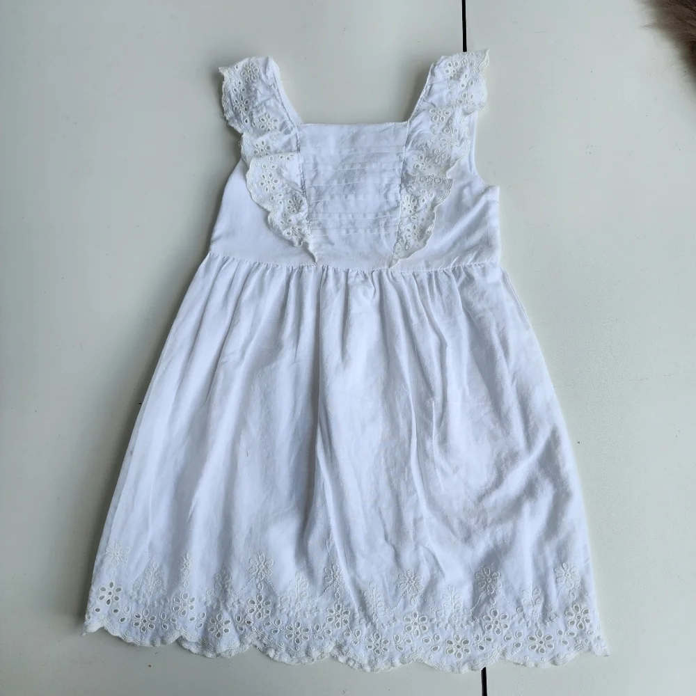 Gymboree Girls 6 White Sleeveless Sundress Eyelet Flutter Prairie Linen Cotton
